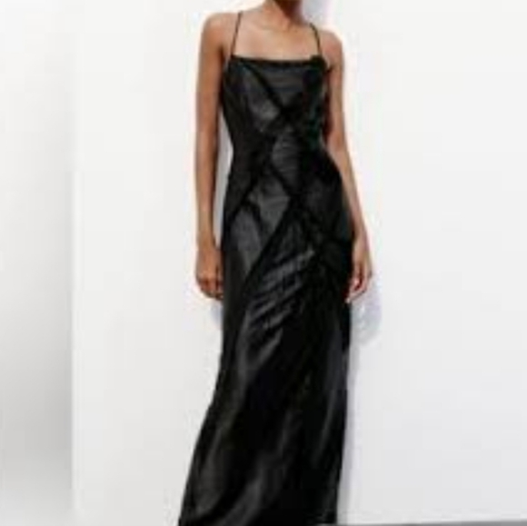 Zara Satin Strappy Floral Black Slip Dress - Picture 10 of 10